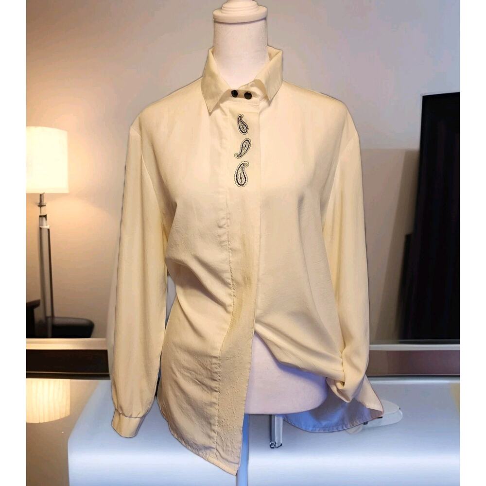 Vtg 80's Paris Star Brand Women Sz 10 Placket Embroided Paisley Hidden Buttons